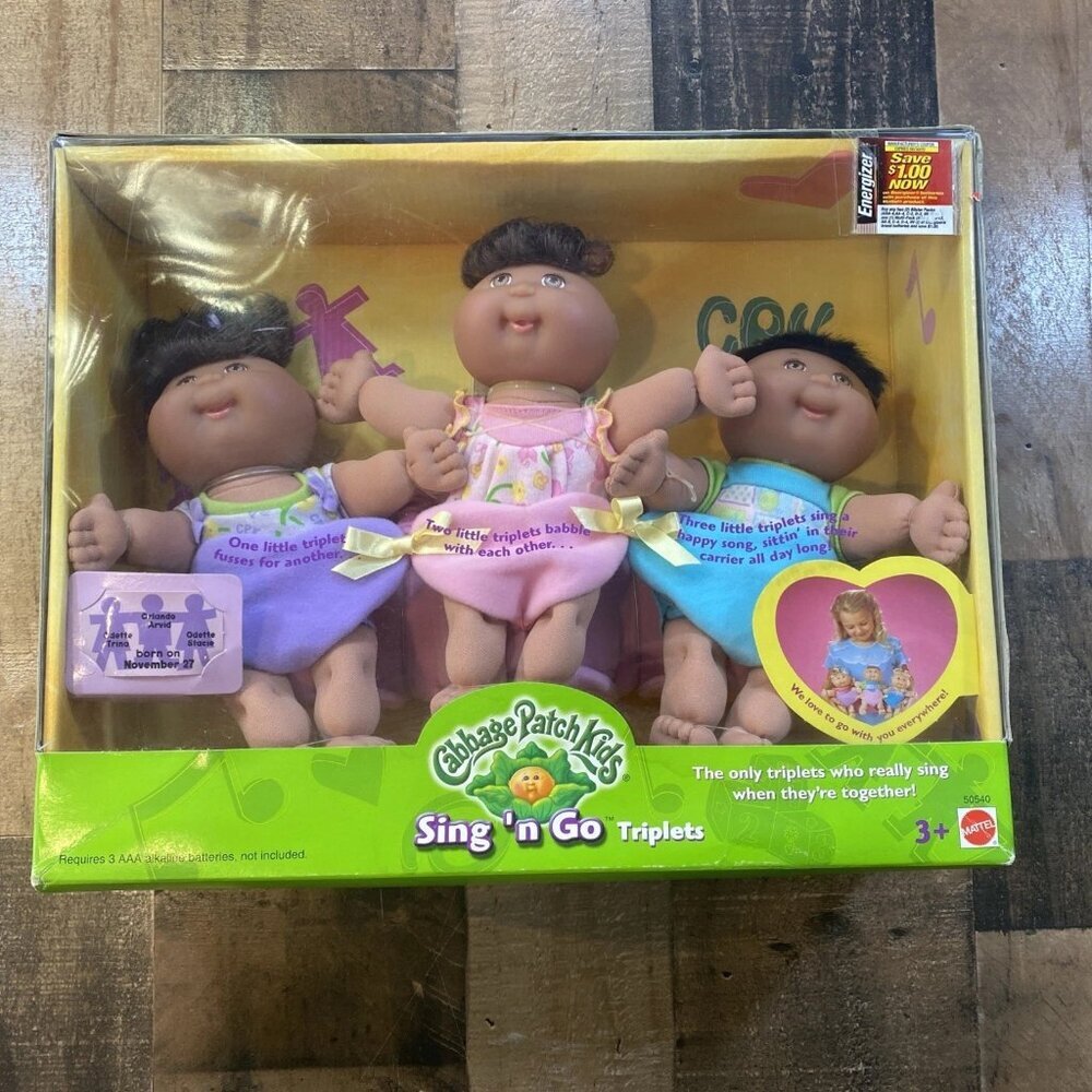 Mattel 2001 Cabbage Patch Kids Sing N Go Triplets 8.5" Baby Dolls & Carrier Rare